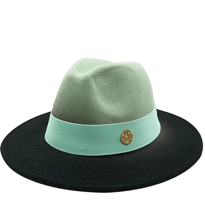 Two-tone hat with green top and black bottom on a white background. Unisex double fedora hat, dual color gradient tie-dye, casual jazz style, cotton-polyester mix, suitable for outdoor autumn and spring.