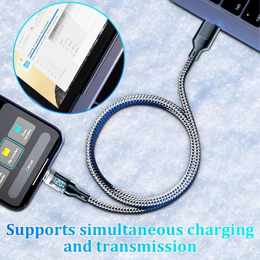 Coiled USB cable with smartphone and laptop on a light blue gradient background. 120W fast charge USB-A to Type-C cable, nylon braided with LED display. For Xiaomi, Samsung, Huawei. Fast charging and data sync.