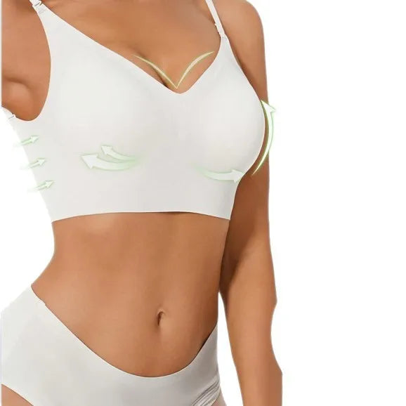 White sports bra with green accents on a white background