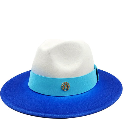 White and blue hat with a blue band and gold emblem on a white background. Unisex double fedora hat, dual color gradient tie-dye, casual jazz style, cotton-polyester mix, suitable for outdoor autumn and spring.