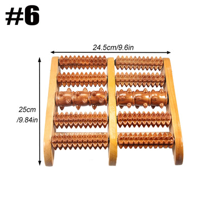 Wooden massage roller with copper rollers and measurements on a white background