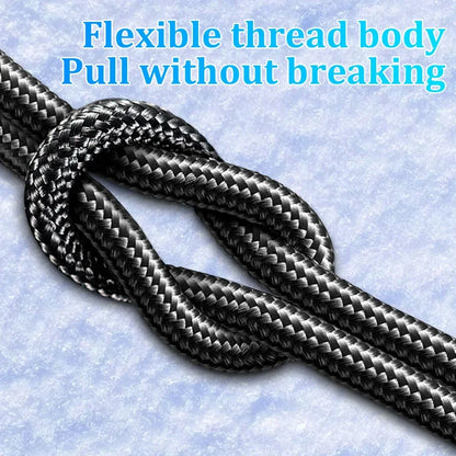 Coiled rope with a knot on a textured blue background, featuring text about rope flexibility. 120W fast charge USB-A to Type-C cable, nylon braided with LED display. For Xiaomi, Samsung, Huawei. Fast charging and data sync.