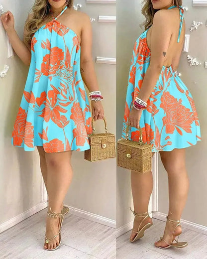 Women's tropical print halter neck backless dress for spring and summer vacation style