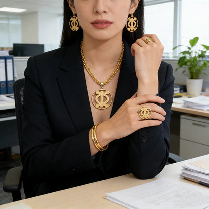 Woman wearing African gold pendant necklace, hoop earrings and bracelet set in black blazer