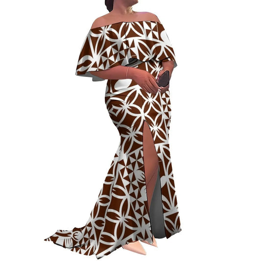 Woman wearing a brown and white patterned off-shoulder dress with a high slit on a white background
