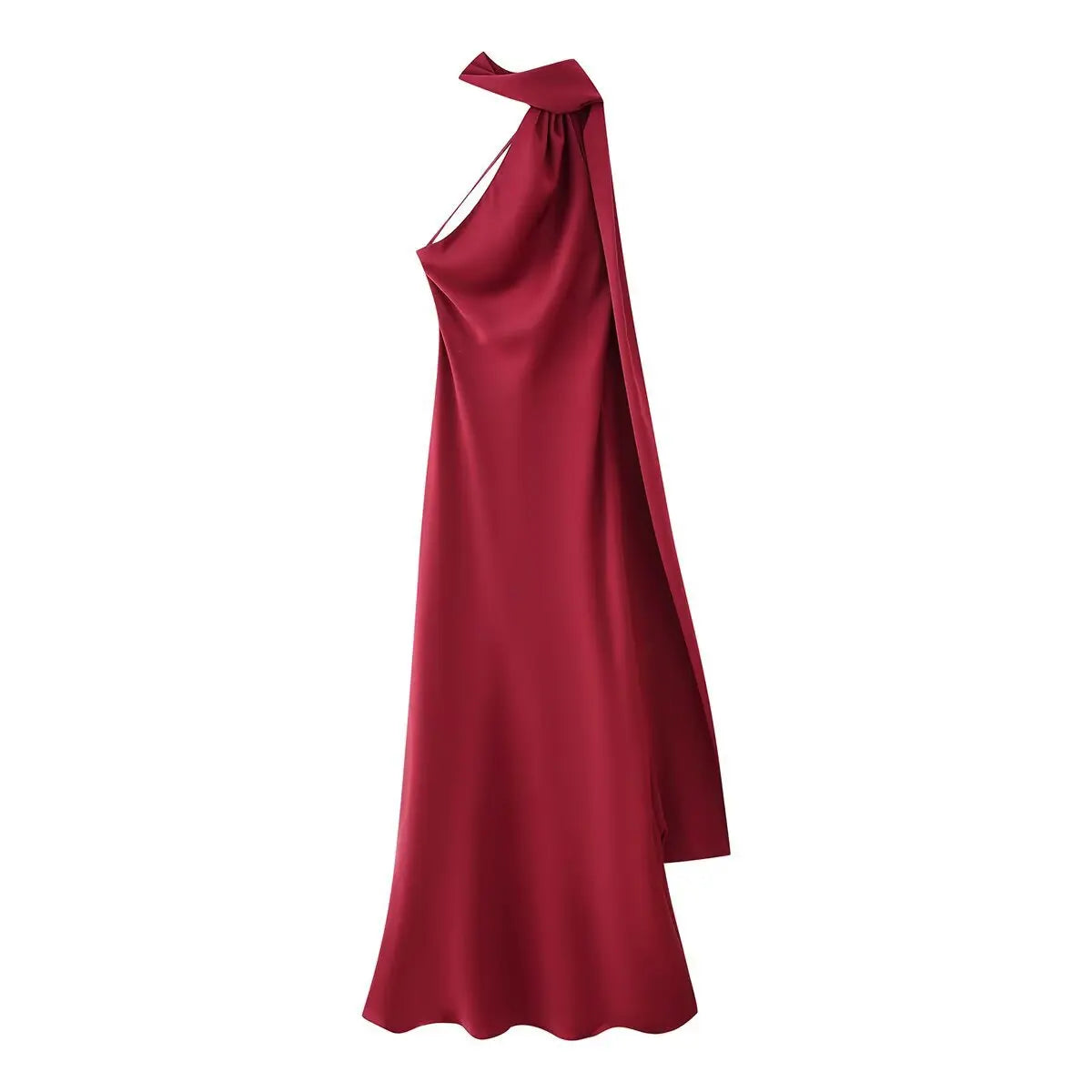 Red one-shoulder evening gown on a white background