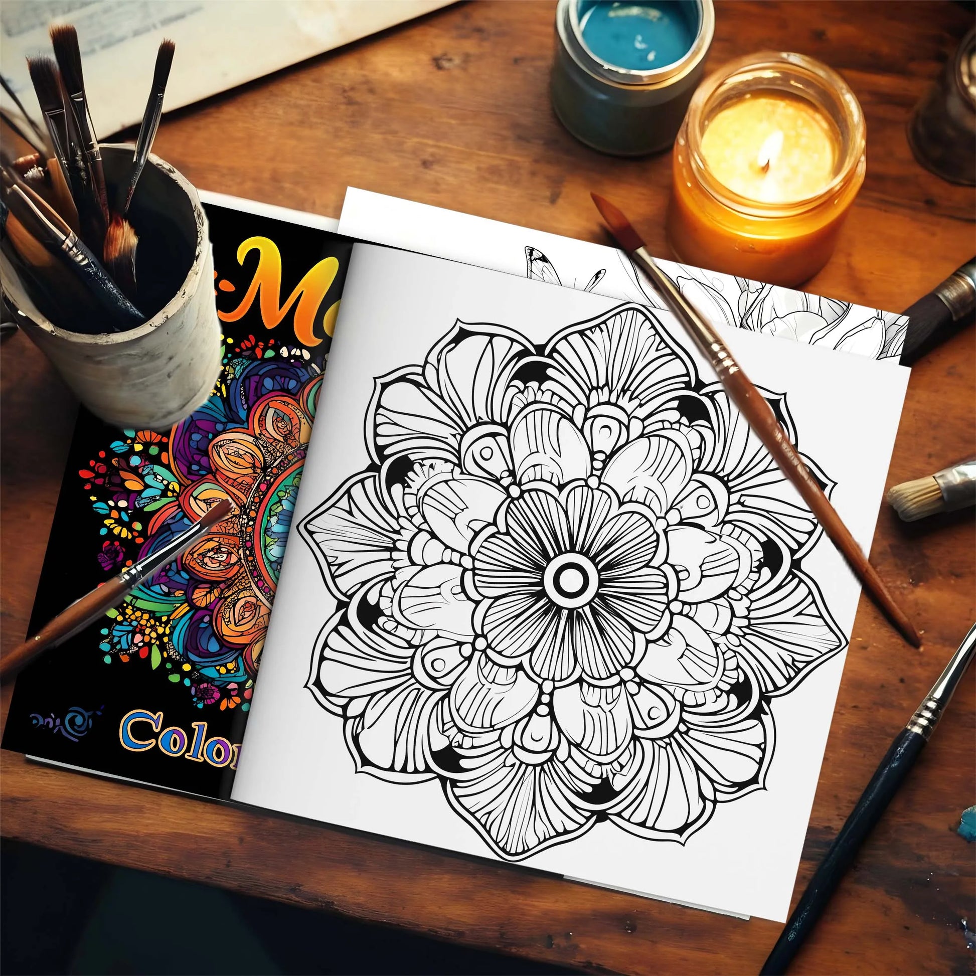 Coloring book with mandala design on a wooden table with art supplies. Mandala coloring book for adults, stress relief, relaxation, creative color practice, perfect birthday party gift, UK FTF Market.