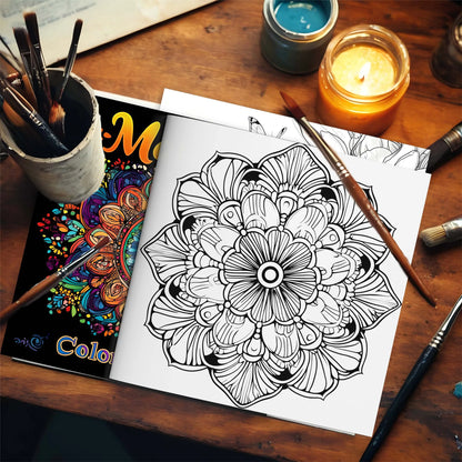 Coloring book with mandala design on a wooden table with art supplies. Mandala coloring book for adults, stress relief, relaxation, creative color practice, perfect birthday party gift, UK FTF Market.