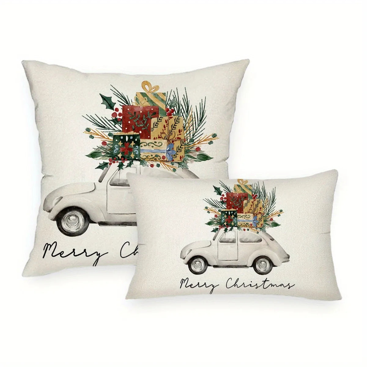 Two Christmas-themed pillows with vintage cars and festive decorations on a white background. Car Christmas pillowcase, festive cushion cover, Merry Christmas print. Soft peachskin, sofa/bed decor. Holiday home accent UK.