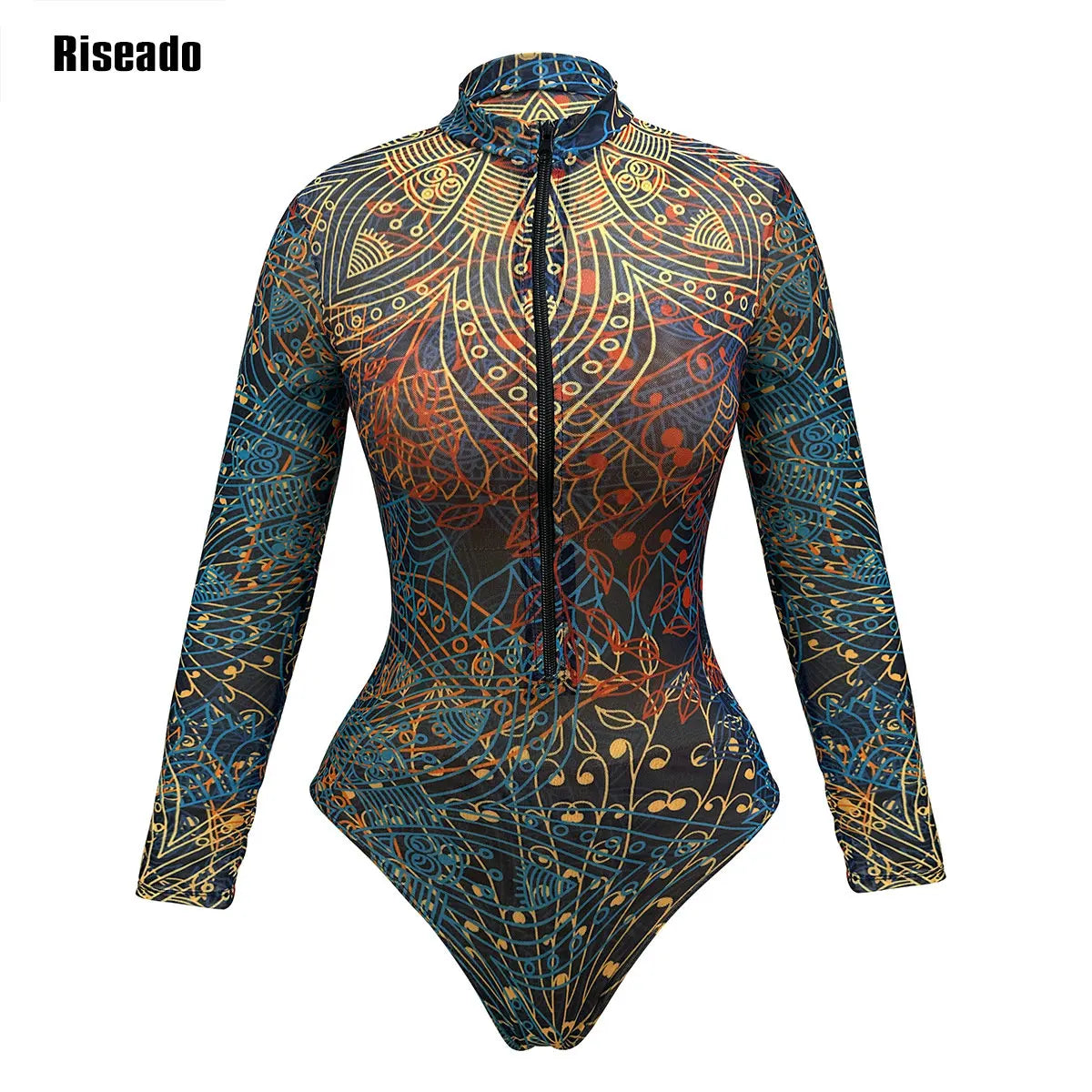 Multicolour mandala print mesh bodysuit with zip front and long sleeves — high waist swimwear women FTF Market