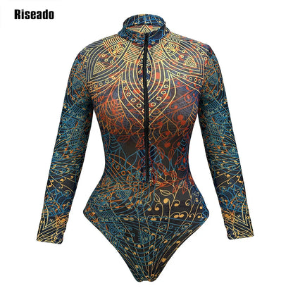 Multicolour mandala print mesh bodysuit with zip front and long sleeves — high waist swimwear women FTF Market