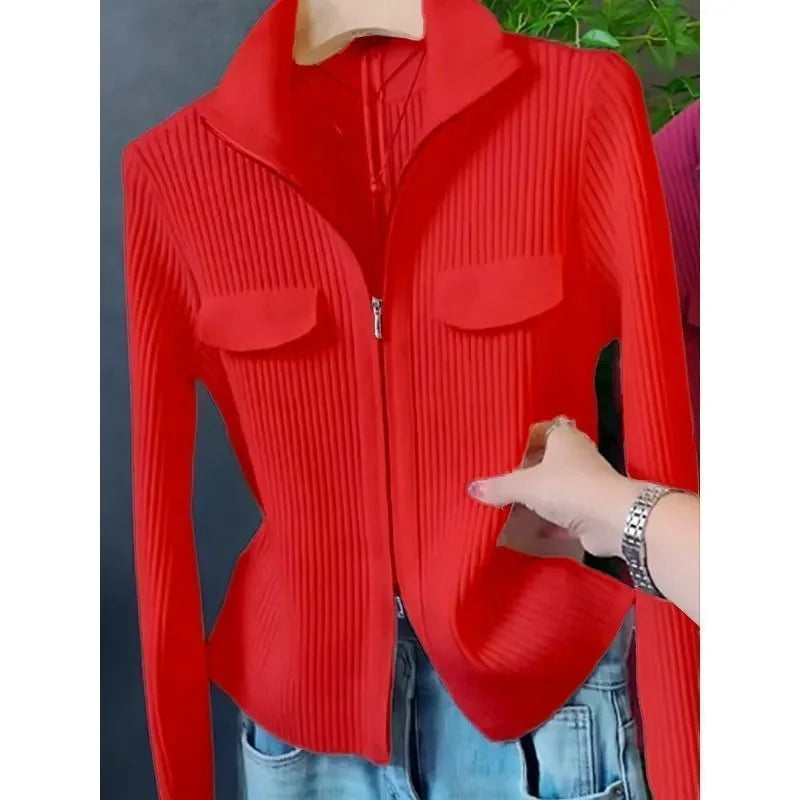 Zipper Short Knitted Cardigan – Versatile coat top, turn-down collar, solid color. Perfect for spring and autumn. Available on FTFmarket.net, fast delivery in the UK. Stay stylish with FTF Fashion and Mode FTF.