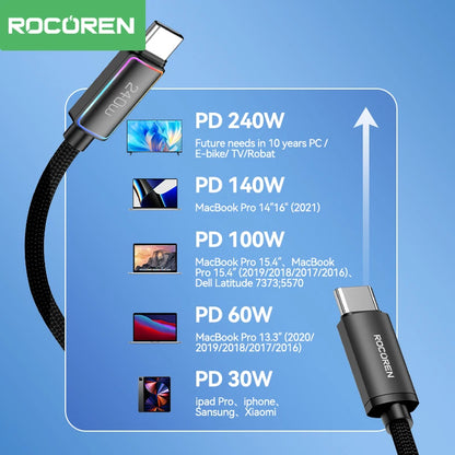 ROCOREN cable with power delivery ratings on a blue background. 240W RGB USB-C fast charging cable with LED indicator. CE, FCC, RoHS certified. Durable Type-C connectors. Max 5A current. Fast UK shipping.