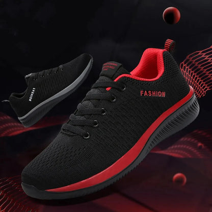 Black and red sneakers with 'Fashion' text on a dark background. Men’s breathable running sneakers with mesh lining, PU insole, EVA outsole, lightweight casual sports shoes, perfect for jogging and walking.