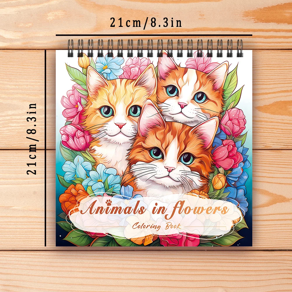 Coloring book with cats and flowers on a wooden surface. Adult women's spiral coloring book with 30 sheets, 8.3x8.3 inches, ideal gift for birthday or holiday party, creative drawing, UK FTF Market.