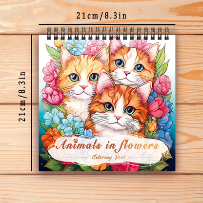 Coloring book with cats and flowers on a wooden surface. Adult women's spiral coloring book with 30 sheets, 8.3x8.3 inches, ideal gift for birthday or holiday party, creative drawing, UK FTF Market.
