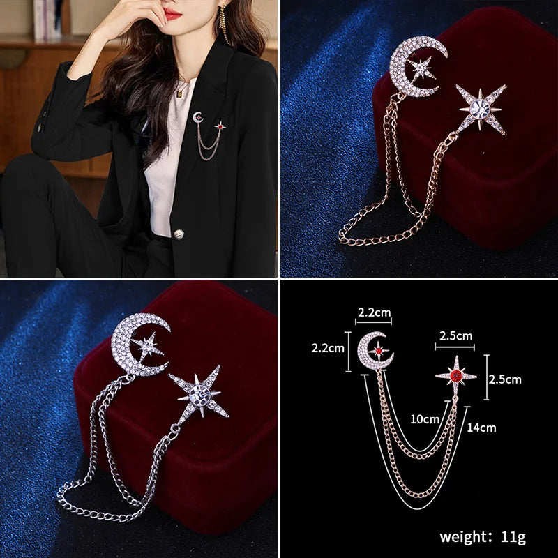 Collage of a woman wearing a brooch, close-up of the brooch, measurements, and weight details on a blue and red fabric background. Elegant rhinestone lapel pins for men and women. Tassel, crown, floral pins for suits, collars, weddings, parties. Zinc alloy metal, classic style.
