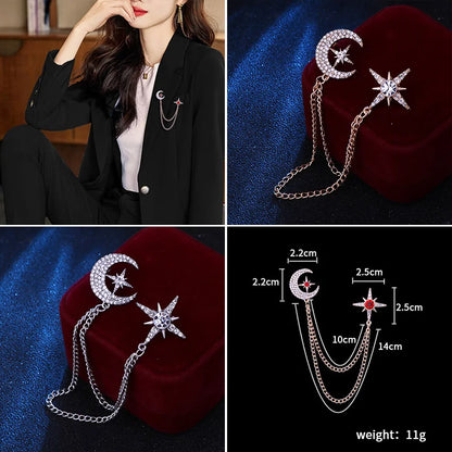 Collage of a woman wearing a brooch, close-up of the brooch, measurements, and weight details on a blue and red fabric background. Elegant rhinestone lapel pins for men and women. Tassel, crown, floral pins for suits, collars, weddings, parties. Zinc alloy metal, classic style.