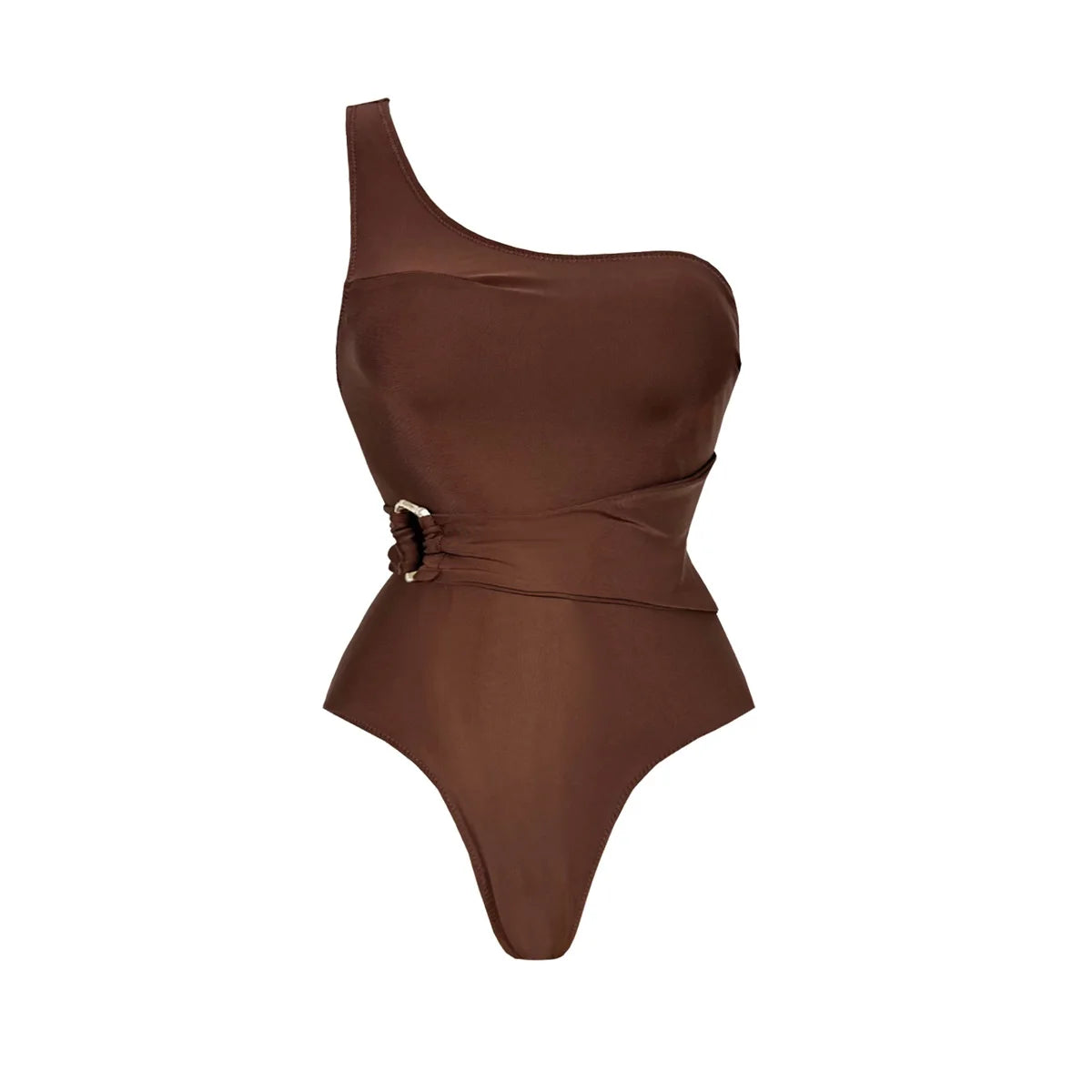 Brown one-shoulder swimsuit on a white background. Women’s 2-piece deep V swimsuit with long skirt, adjustable straps, solid color, beachwear, comfortable polyester/spandex fabric, flattering fit.
