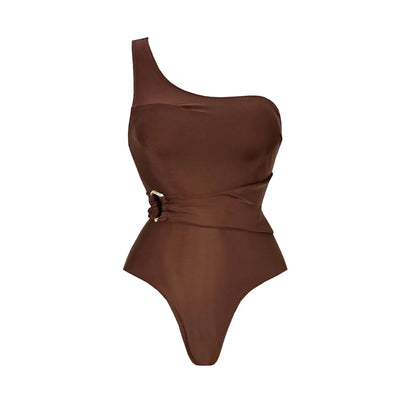 Brown one-shoulder swimsuit on a white background. Women’s 2-piece deep V swimsuit with long skirt, adjustable straps, solid color, beachwear, comfortable polyester/spandex fabric, flattering fit.