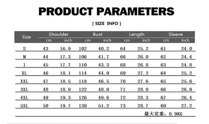 Product parameters table for size information with measurements in centimeters and inches. Men’s slim fit motorcycle jacket in PU leather, stand collar, zip closure, pockets, thin design, black, casual punk UK outerwear, S–5XL.