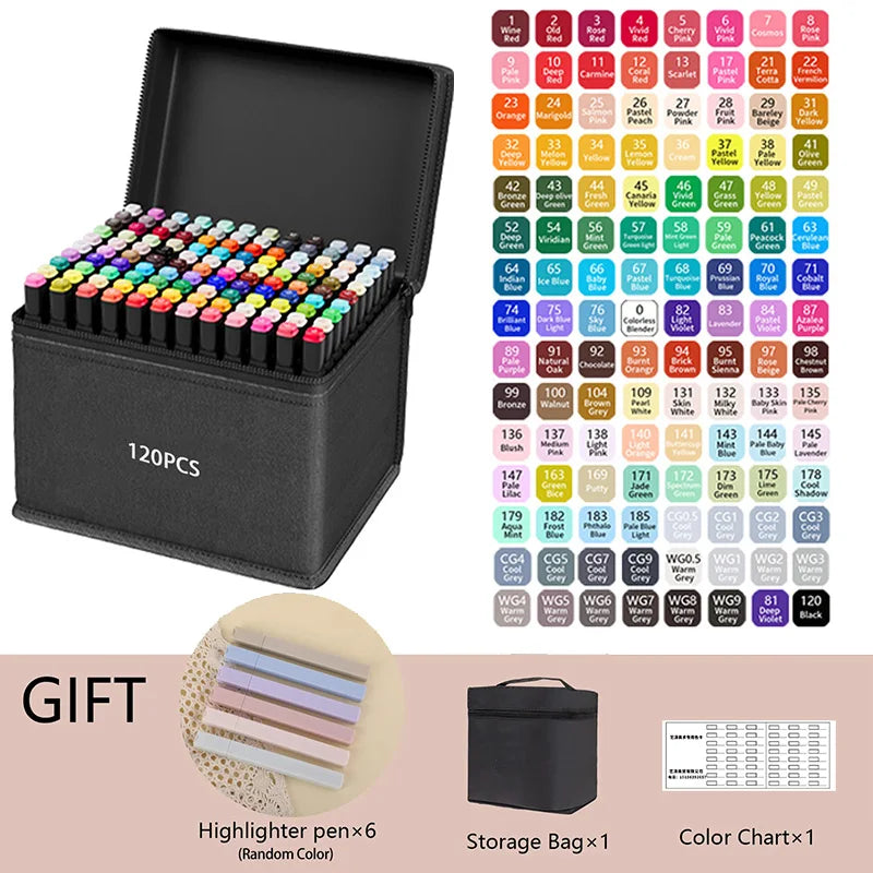 Set of 120 colored markers with a storage bag, highlighter pens, and color chart on a white background. Pro Dual-Tip Alcohol Markers Set featuring fine and chisel tips, vibrant streak-free ink, ergonomic design for artists’ coloring and sketching projects UK.