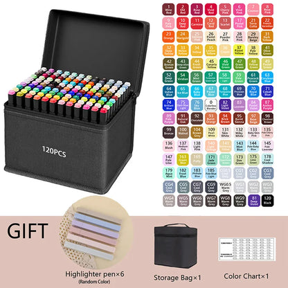 Set of 120 colored markers with a storage bag, highlighter pens, and color chart on a white background. Pro Dual-Tip Alcohol Markers Set featuring fine and chisel tips, vibrant streak-free ink, ergonomic design for artists’ coloring and sketching projects UK.