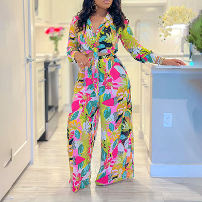 2024 Spring Summer Long Sleeved Printed Suit for Women – Lapel single-breasted shirt, wide-leg trousers, fashion-forward two-piece set. Available on FTFmarket.net, fast delivery in the UK.