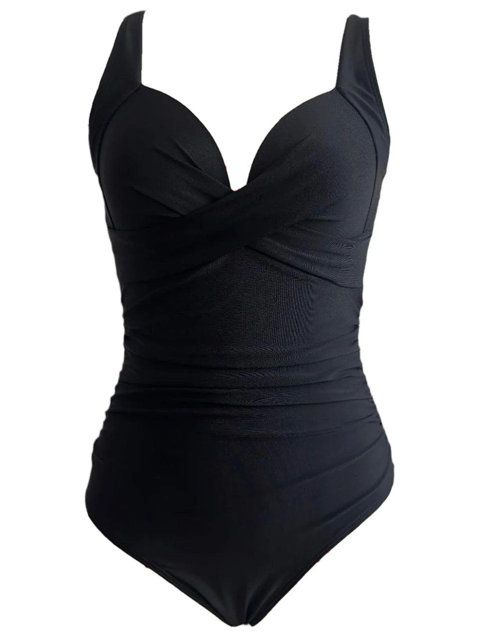 Black V-neck ruched one-piece swimsuit — size guide women swimwear S M L XL XXL