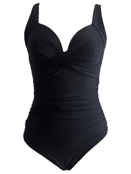Black V-neck ruched one-piece swimsuit — size guide women swimwear S M L XL XXL