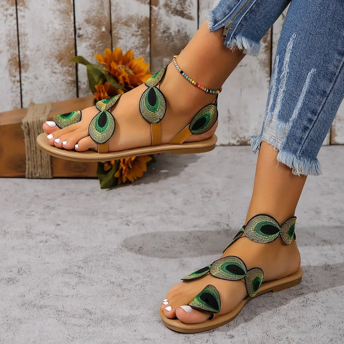 Women's embroidered peacock feather flat sandals UK — open toe, beige, sizes 36–43