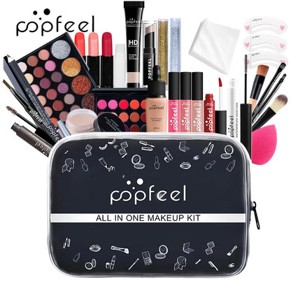 Popfeel makeup kit with various cosmetic items on a white background. POPFEL all-in-one makeup kit with eyeshadow, eyeliner, eyebrow pencil, lip gloss. Full set for women’s flawless face makeup.