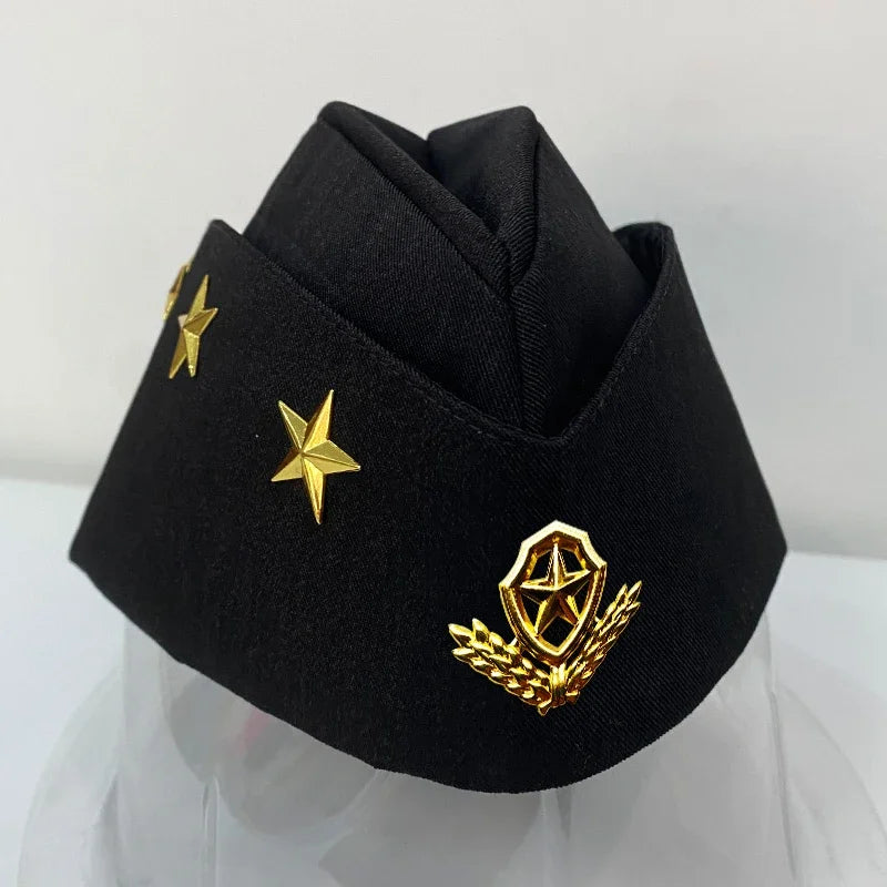Black headband with gold stars and emblem on a white background
