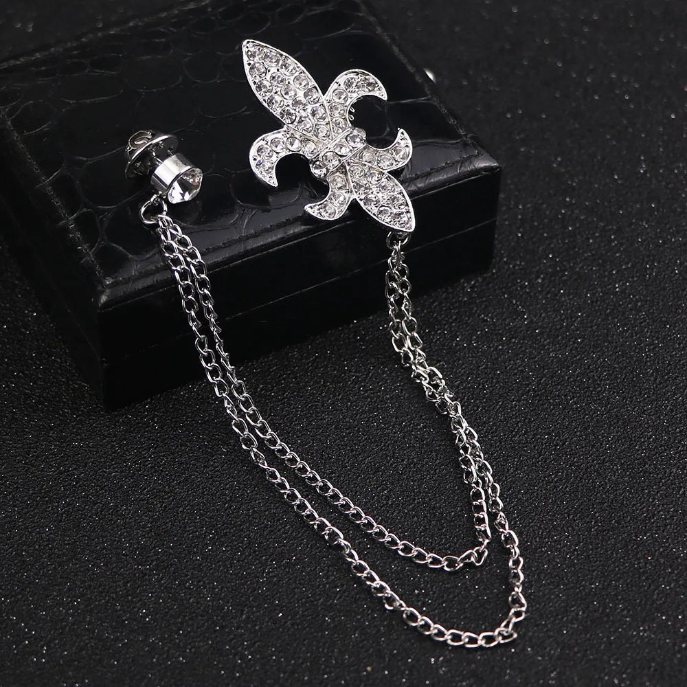 Elegant rhinestone lapel pins for men and women. Tassel, crown, floral pins for suits, collars, weddings, parties. Zinc alloy metal, classic style.