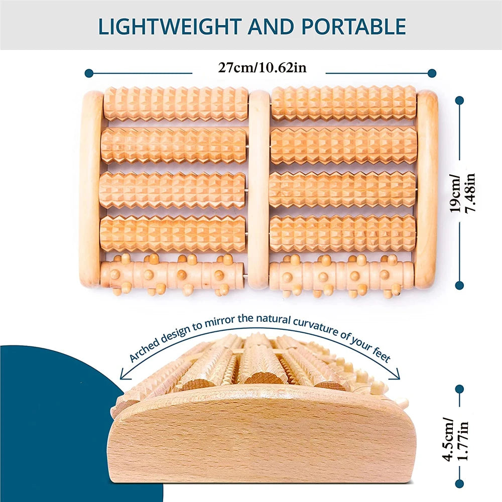 Wooden foot roller massager with measurements and design details on a white background
