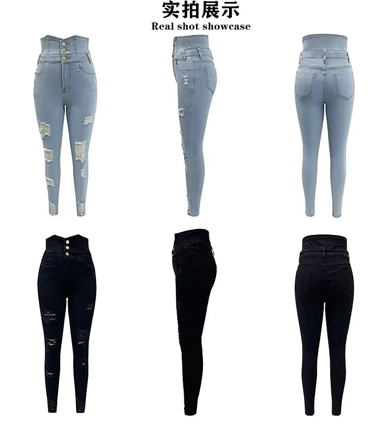 Collage of light blue and black distressed jeans with 'Real shot showcase' text. Women’s slim pencil jeans, high waist bodycon fit. Casual sheath denim trousers with button detail, ankle length. Trendy Y2K style UK.