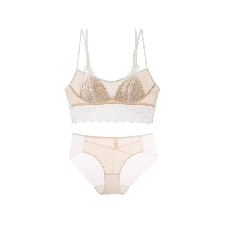 Nude silk lace bra and brief set — wire-free 3/4 cup lingerie set women UK