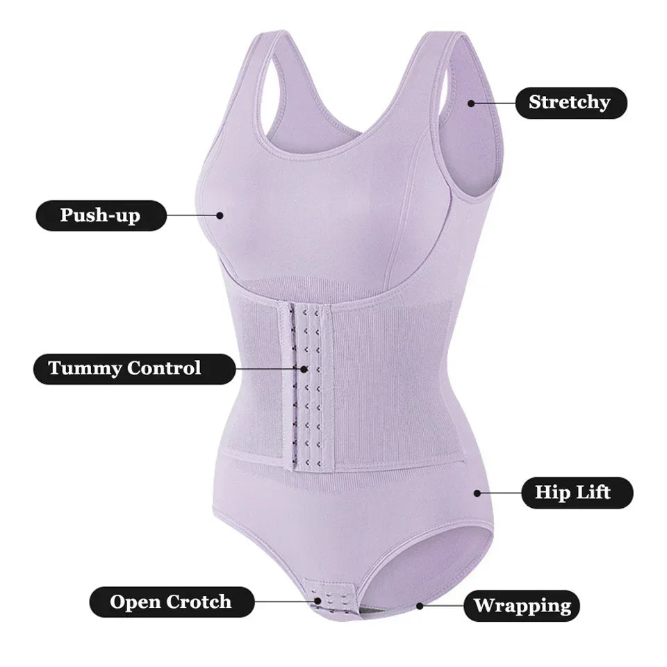 Purple shapewear bodysuit with feature labels on a white background. Women’s slimming bodysuit shapewear with zipper belt. Medium control, wire-free, seamless design with polyester/spandex fabric for all-day comfort.