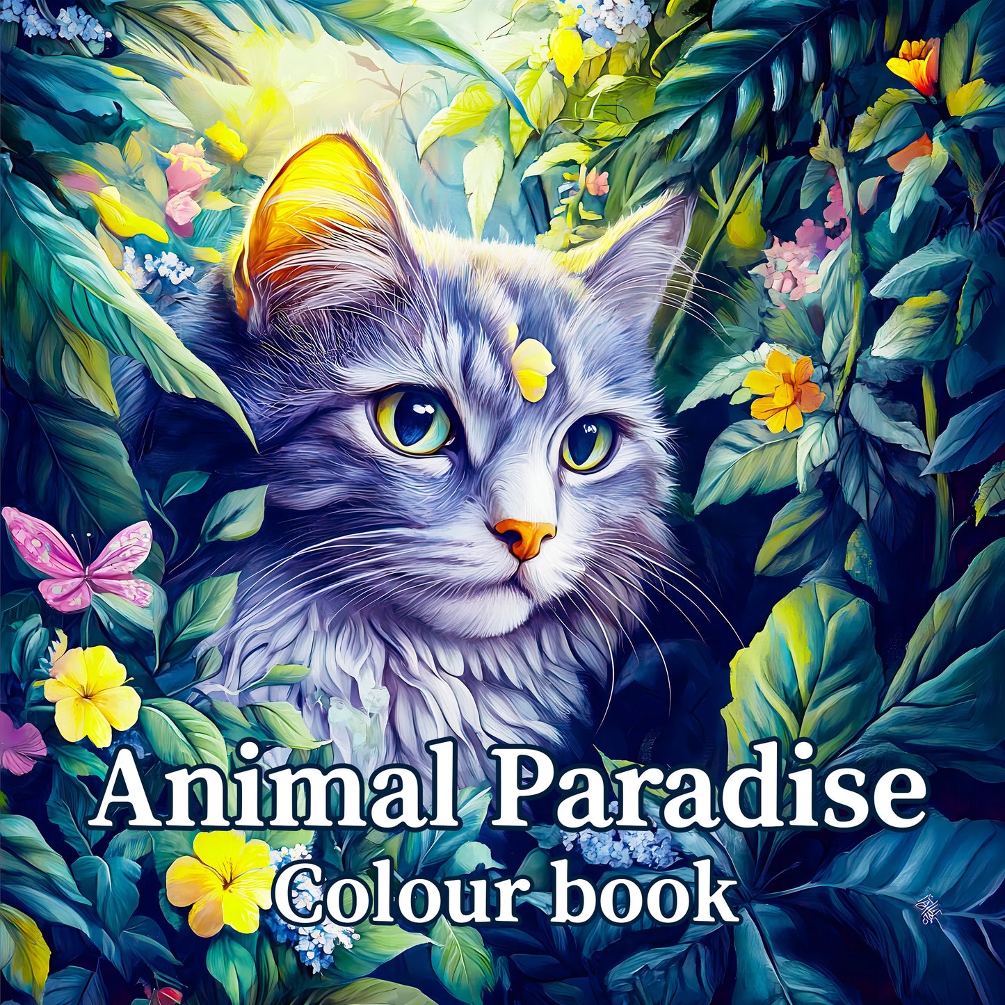 Colorful illustration of a cat surrounded by flowers and leaves with 'Animal Paradise Colour book' text. Animal Paradise adult coloring book featuring therapeutic art, cute cats, floral designs for relaxation, FTF Market UK.