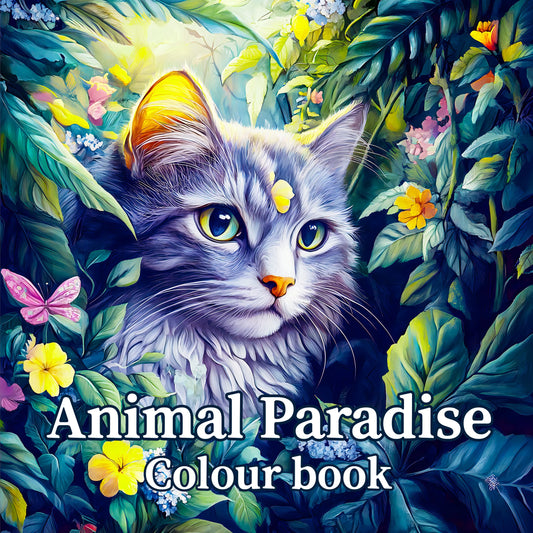 Colorful illustration of a cat surrounded by flowers and leaves with 'Animal Paradise Colour book' text. Animal Paradise adult coloring book featuring therapeutic art, cute cats, floral designs for relaxation, FTF Market UK.