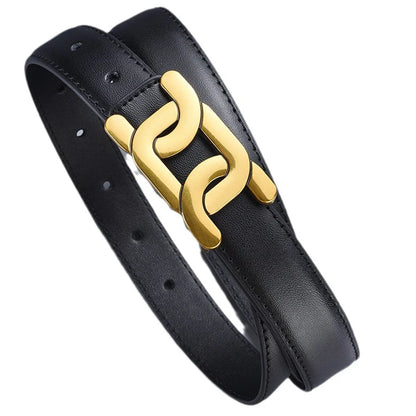 Black leather belt with a gold buckle on a white background. Women’s retro fashion belt with 2.4cm PU strap, solid alloy buckle for jeans, skirts, and pants. Trendy UK accessory for casual and chic looks.