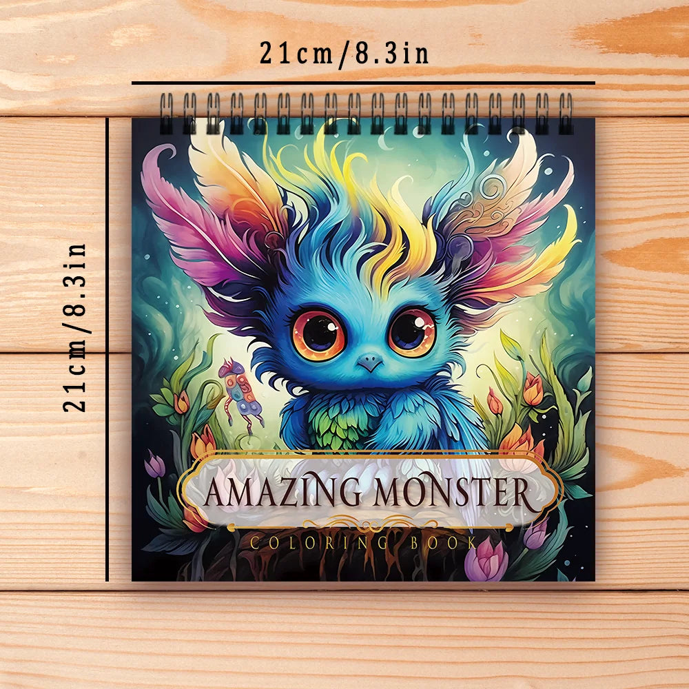 Coloring book titled 'Amazing Monster' with measurements on a wooden surface. Adult women's spiral coloring book with 30 sheets, 8.3x8.3 inches, ideal gift for birthday or holiday party, creative drawing, UK FTF Market.