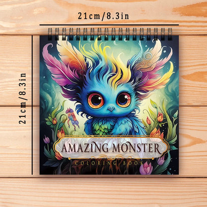 Coloring book titled 'Amazing Monster' with measurements on a wooden surface. Adult women's spiral coloring book with 30 sheets, 8.3x8.3 inches, ideal gift for birthday or holiday party, creative drawing, UK FTF Market.
