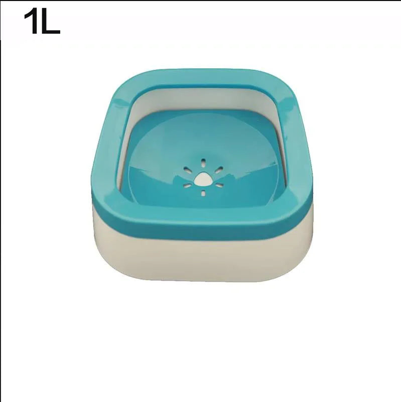 Pet water fountain with blue top and beige base on a white background