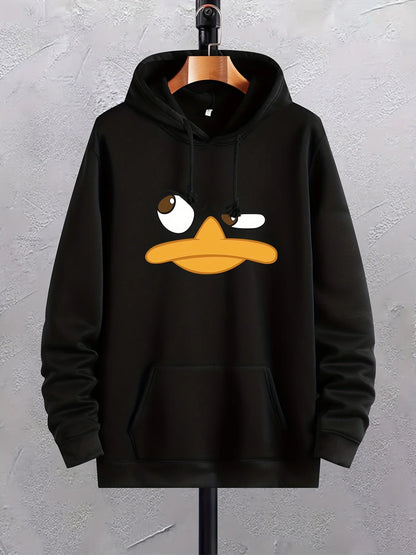 Cartoon Duck Print Hoodie, men's graphic hoodie with kangaroo pocket, comfy loose trendy drawstring hooded pullover. Cartoon Duck Print Hoodie, men's graphic hoodie, kangaroo pocket, loose pullover, trendy hooded sweatshirt, casual wear, spring fashion, autumn fashion, winter fashion, ftf fashion, mode ftf