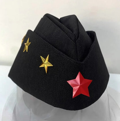 Black headband with gold and red stars on a white background
