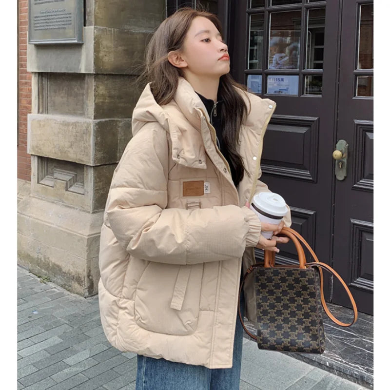 Women khaki down jacket, white, thickening warm feather, female duck down, comfortable, short, solid, winter hooded outwear.