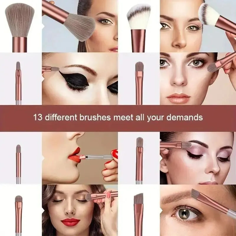 Makeup brushes with a woman applying makeup and text '13 different brushes meet all your demands'. Soft fluffy makeup brush set with wool fiber bristles and plastic handles. Complete set for powder, foundation, eyeshadow, and beauty blending.