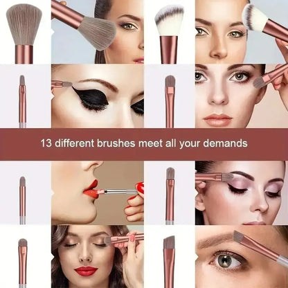 Makeup brushes with a woman applying makeup and text '13 different brushes meet all your demands'. Soft fluffy makeup brush set with wool fiber bristles and plastic handles. Complete set for powder, foundation, eyeshadow, and beauty blending.