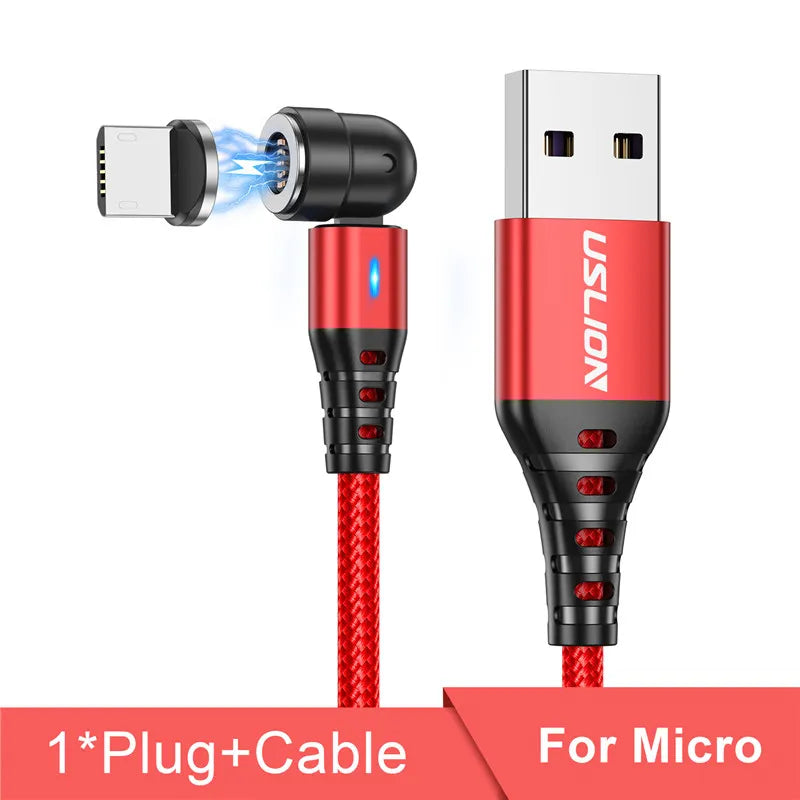 Red 540 degree rotatable magnetic charging cable in blue nylon braided